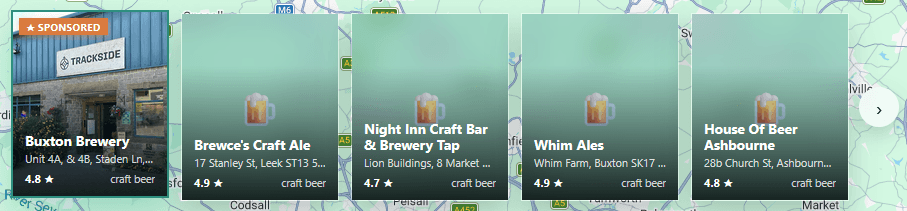Buxton Brewery's sponsored listing with a real photo of the venue, standing out next to four unsponsored results shown only as generic beer-glass icons